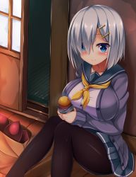 Rule 34 | 10s, 1girl, blue eyes, blush, breasts, female focus, food, hair ornament, hair over one eye, hairclip, hamakaze (kancolle), kantai collection, large breasts, looking at viewer, pantyhose, school uniform, serafuku, short hair, smile, solo, sweet potato, white hair, yahiro (anhnw)