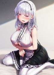 Rule 34 | 1girl, amamami prime, apron, azur lane, bare shoulders, black hairband, blush, breasts, clothing cutout, commentary, dido (azur lane), earrings, frills, hairband, highres, jewelry, large breasts, long hair, looking at viewer, maid, pink eyes, silver hair, sitting, sleeveless, solo, tearing up, thighhighs, underboob, underboob cutout, waist apron, wariza, white apron, white thighhighs