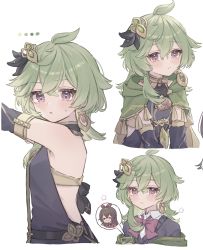 Rule 34 | &gt; &lt;, 1girl, :/, absurdres, ahoge, backless outfit, bare shoulders, blush, bow, bowtie, capelet, closed mouth, collei (genshin impact), cropped torso, crossed bangs, detached sleeves, earrings, from side, genshin impact, green capelet, green hair, hair between eyes, hair ornament, highres, holding, holding phone, jewelry, medium hair, multiple views, phone, purple eyes, red bow, red bowtie, roku 6, school uniform, simple background, single earring, speech bubble, spoken character, sweatdrop, white background