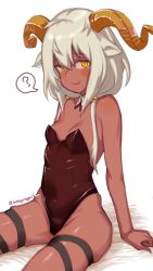 Rule 34 | 1girl, ?, absurdres, animal ear fluff, animal ears, arknights, bare arms, bare shoulders, bed sheet, beeswax (arknights), blush, breasts, brown leotard, closed mouth, collar, dark-skinned female, dark skin, detached collar, grey hair, hair between eyes, highres, horns, konigstigerchan, leotard, navel, sitting, skindentation, small breasts, smile, solo, spoken question mark, strapless, strapless leotard, twitter username, white background, white collar, yellow eyes