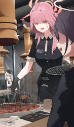 Rule 34 | 3girls, absurdres, apron, aru (blue archive), black apron, black gloves, black skirt, blue archive, breasts, closed eyes, demon horns, faceless, faceless female, failure, food, gloves, grey hair, grill, halo, handkerchief, haruna (blue archive), hat, highres, holding, holding grill, holding handkerchief, horns, meat, medium breasts, multiple girls, part time job, peaked cap, pink hair, restaurant, revision, ryeon (bluetom1), skirt, sleeves rolled up, smoke extractor, sweatdrop, waist apron, you&#039;re doing it wrong