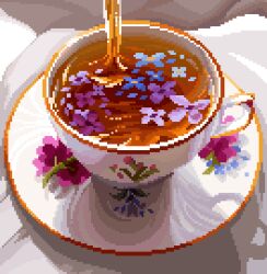 Rule 34 | afloat, black tea, blue flower, commentary, cup, english commentary, flower, from above, jubilee (8pxl), light, no humans, original, petals, photo-referenced, pink flower, pixel art, pouring, purple flower, saucer, shadow, still life, tea, teacup