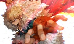 Rule 34 | 1boy, bakugou katsuki, blonde hair, blurry, boku no hero academia, cape, depth of field, earrings, fingerless gloves, fur collar, gloves, glowing, highres, jewelry, lens flare, looking at viewer, male focus, mkm (mkm storage), overexposure, red cape, red eyes, red gloves, signature, solo, sparkle, spiked hair, white background