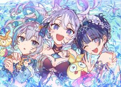 3girls ;d animal_ears bikini blue_eyes breasts bronya_zaychik bronya_zaychik_(herrscher_of_truth) bronya_zaychik_(seaside_vibes) cat_ears commentary_request drill_hair grey_eyes grey_hair hair_between_eyes hair_ornament honkai_(series) honkai_impact_3rd kiana_kaslana kiana_kaslana_(herrscher_of_finality) kiana_kaslana_(selenic_ripples) long_hair multicolored_hair multiple_girls one_eye_closed open_mouth papipiko purple_eyes purple_hair raiden_mei raiden_mei_(crooning_tides) raiden_mei_(herrscher_of_origin) smile swimsuit upper_body water white_hair