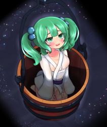 Rule 34 | 1girl, bad feet, blunt bangs, blush, breasts, bucket, cleavage, collarbone, dougi, from above, green eyes, green hair, grey background, hair bobbles, hair ornament, highres, in bucket, in container, kisume, lao shu, lens, light particles, long sleeves, looking up, medium breasts, open mouth, robe, seiza, simple background, sitting, solo, teeth, touhou, tsurime, two side up, upper teeth only, white robe, wide sleeves