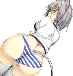 Rule 34 | 1girl, animal ears, ass, blush, female focus, from behind, greatmosu, grey hair, looking at viewer, looking back, md5 mismatch, mouse (animal), mouse ears, mouse tail, nazrin, no pants, panties, red eyes, resized, resolution mismatch, short hair, sketch, solo, source larger, sportswear, striped clothes, striped panties, tail, thighhighs, touhou, underwear, white background, white thighhighs