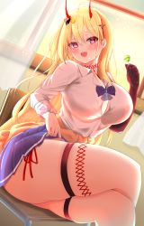 Rule 34 | 1girl, absurdres, azur lane, balut (7676i), black gloves, black legwear, blonde hair, blue skirt, blush, breasts, brown cardigan, button gap, candy, cardigan, cardigan around waist, chair, cleavage, clothes around waist, collared shirt, commentary request, cowboy shot, cross hair ornament, crossed legs, curtains, dress shirt, dutch angle, elbow gloves, food, foreshortening, gloves, gyaru, hair between eyes, hair ornament, hand up, highres, holding, holding candy, holding food, holding lollipop, horns, indoors, kumano (azur lane), large breasts, lifted by self, lollipop, long hair, looking at viewer, miniskirt, oni horns, open mouth, panties, pink eyes, pleated skirt, raised eyebrows, red legwear, scrunchie, sharp teeth, shirt, side-tie panties, side-tie peek, sidelocks, single elbow glove, single glove, sitting, skindentation, skirt, smile, solo, teeth, thigh strap, thighs, underwear, upper teeth only, white shirt, window, wrist scrunchie