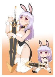 Rule 34 | 1girl, alternate costume, animal ears, azur lane, bare shoulders, black footwear, black hairband, blunt bangs, blush, bow, bowtie, breasts, cap105, carrot earrings, chibi, chibi inset, cleavage, coattails, collarbone, commentary request, detached collar, dido (azur lane), earrings, fake animal ears, fake tail, food-themed earrings, food themed earrings, full body, glint, gluteal fold, gradient background, groin, hairband, highres, holding, holding sword, holding weapon, jewelry, kneeling, large breasts, leotard, long hair, looking at viewer, orange background, parted lips, playboy bunny, purple eyes, rabbit ears, rabbit tail, side-tie leotard, sidelocks, silver hair, simple background, skindentation, smile, standing, strapless, strapless leotard, sunrise stance, sword, tail, thigh gap, thighhighs, triangle mouth, two-tone background, weapon, white background, white leotard, white thighhighs, wing collar, wrist cuffs
