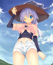 Rule 34 | 1girl, blue eyes, cloud, cutoffs, day, from below, front-tie top, hat, kibasuke, light purple hair, long hair, looking at viewer, midriff, navel, one eye closed, original, short shorts, shorts, sky, solo, unbuttoned, witch hat