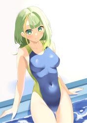 Rule 34 | 1girl, a.i. voice, blonde hair, blue one-piece swimsuit, breasts, competition swimsuit, covered navel, green eyes, green hair, highres, looking at viewer, medium breasts, medium hair, minase nagi, multicolored hair, one-piece swimsuit, poolside, solo, streaked hair, swimsuit, tsunose kotone, two-tone swimsuit, water