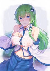 Rule 34 | 1girl, bare shoulders, blue eyes, blue skirt, blush, breast hold, breasts, cai geng, closed mouth, collared shirt, detached sleeves, green hair, hair ornament, hair tubes, hand on own chest, highres, kochiya sanae, large breasts, long hair, looking at viewer, looking away, midriff, nipples, rain, see-through, shirt, skirt, snake hair ornament, solo, standing, touhou, wet, wet clothes, white shirt, wing collar