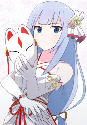 Rule 34 | 1girl, blue eyes, blue hair, blush, bow, closed mouth, dress, elbow gloves, flower, fox mask, gloves, gradient background, hair ornament, holding, holding mask, idolmaster, idolmaster million live!, idolmaster million live! theater days, long hair, looking at viewer, low-tied long hair, mask, obi, pink flower, pink rose, rose, sash, shiraishi tsumugi, solo, standing, trinitro t, very long hair, white background, white dress, white gloves, yellow flower, yellow rose