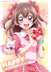 Rule 34 | 1girl, border, box, breasts, brown hair, candy, chocolate, chocolate heart, collared dress, dated, delicious party precure, dress, eating, food, fox, gift, gift box, gradient background, hair between eyes, hair ribbon, hanzou, heart, highres, kome-kome (precure), long hair, nagomi yui, open mouth, pink dress, pink ribbon, pink vest, precure, purple eyes, ribbon, short sleeves, small breasts, smile, twintails, twitter username, valentine, vest, white border, yellow background