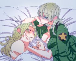 Rule 34 | 10s, 2girls, bare shoulders, bed, bed sheet, blanket, blue eyes, breasts, head rest, cleavage, coat, darjeeling (girls und panzer), girls und panzer, green jacket, grey background, hand on another&#039;s cheek, hand on another&#039;s face, hand on own chin, jacket, kay (girls und panzer), lips, long sleeves, multiple girls, naked coat, no bra, nude, on bed, open clothes, open jacket, open mouth, shaded face, simple background, sleeping, smile, star (symbol), under covers, yama (yama005), yuri