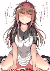 Rule 34 | 1girl, absurdres, ahoge, apron, black footwear, black shirt, blush, breasts, brown eyes, brown hair, candy, chocolate, chocolate heart, closed mouth, collarbone, food, hair between eyes, hair flaps, hairband, heart, highres, kantai collection, kuromayu, large breasts, long hair, red hairband, shiratsuyu (kancolle), shiratsuyu kai ni (kancolle), shirt, shoes, short sleeves, simple background, sitting, smile, socks, solo, tongue, tongue out, translation request, valentine, wariza, white apron, white background, white socks