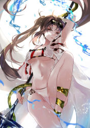 Rule 34 | 1girl, anklet, arm up, bare legs, bare shoulders, bikini, black-framed eyewear, black bow, black ribbon, bow, breasts, brown eyes, brown hair, commentary request, eyewear on head, fate/grand order, fate (series), hair ornament, highres, holding, holding weapon, jewelry, leg up, long hair, looking at viewer, medium breasts, navel, parted lips, polearm, red lips, ribbon, see-through, side-tie bikini bottom, simple background, smile, solo, spear, splashing, stomach, sunglasses, swimsuit, thighs, underboob, v-shaped eyebrows, vardan, very long hair, water, weapon, white background, white bikini, yu mei-ren (fate), yu mei-ren (swimsuit lancer) (fate)