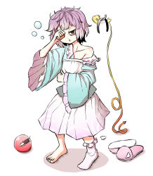Rule 34 | baggy clothes, bags under eyes, barefoot, blue shirt, cable, collarbone, hand on own face, highres, holding, holding pillow, komeiji satori, peroponesosu., pillow, pink hair, pink skirt, shirt, short hair, single sock, skirt, sleepy, slippers, socks, solo, squeans, third eye, touhou, waking up
