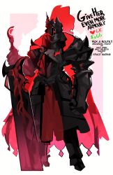 Rule 34 | 1girl, absurdres, armor, black armor, cape, clenched hand, english text, facing viewer, full armor, full body, gauntlets, greatsword, helm, helmet, highres, holding, holding sword, holding weapon, meme, original, red cape, red eyes, solo, standing, sword, twitter strip game (meme), vivelia, weapon