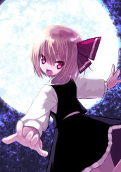 Rule 34 | 1girl, blonde hair, embodiment of scarlet devil, fang, female focus, foreshortening, from behind, hair ribbon, kiira, looking back, moon, outstretched arms, red eyes, ribbon, rumia, short hair, solo, spread arms, touhou