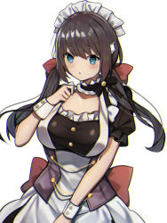 Rule 34 | 1girl, apron, aqua eyes, azur lane, back bow, black dress, bow, brown hair, corset, cowboy shot, dress, frilled sleeves, frills, glasgow (azur lane), hair ribbon, hand on own chest, highres, long hair, looking at viewer, low twintails, lux (dera ix), maid headdress, puffy short sleeves, puffy sleeves, red bow, red ribbon, ribbon, short sleeves, simple background, solo, twintails, very long hair, white apron, white background, wrist cuffs