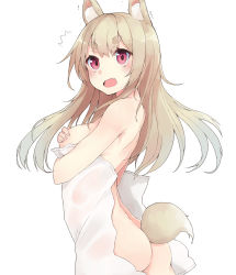Rule 34 | 1girl, ^^^, animal ears, ass, blush, breasts, brown hair, covering breasts, covering privates, fang, fox ears, fox tail, highres, hikimayu, inari, kou mashiro, long hair, looking at viewer, naked towel, nude cover, open mouth, original, pink eyes, simple background, solo, tail, towel, wavy mouth, white background