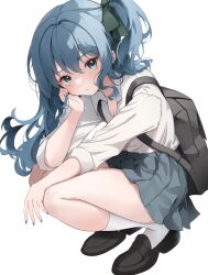 Rule 34 | 1girl, absurdres, backpack, bag, black bag, black footwear, blue eyes, blue hair, blue nails, blue skirt, blush, breasts, cleavage, closed mouth, collared shirt, expressionless, hair ribbon, head rest, highres, hololive, hoshimachi suisei, long hair, looking at viewer, pleated skirt, ribbon, scarlet (wv0102), school uniform, shirt, shoes, side ponytail, simple background, skirt, sleeves rolled up, small breasts, socks, solo, squatting, transparent background, virtual youtuber, white shirt, white socks