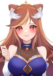 Rule 34 | 1girl, absurdres, animal ears, blue dress, blush, breasts, brown hair, choker, commentary, detached sleeves, dress, english commentary, frilled choker, frills, halterneck, hazumi aileen, highres, indie virtual youtuber, lion ears, lion girl, long hair, massuru jojoen, medium breasts, portrait, red eyes, second-party source, smile, solo, tiara, virtual youtuber, white background
