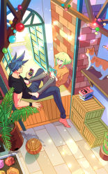 Rule 34 | 2boys, bae (baebae), ball, barefoot, basketball, basketball (object), blue eyes, blue hair, book, casual, cat, cellphone, crate, denim, eye contact, galo thymos, green hair, highres, holding, holding book, holding phone, jeans, lens flare, lens flare abuse, lio fotia, looking at another, male focus, multiple boys, open window, orange sweater, pants, phone, plant, potted plant, promare, purple eyes, reading, shelf, shirt, short hair, sitting in window, smartphone, spiked hair, sweater, t-shirt, torn clothes, torn pants, v-neck, window, wristband