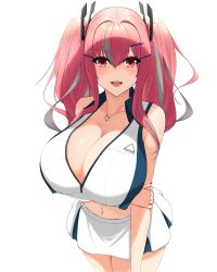 1girl, :d, arm under breasts, azur lane, bangs, bare shoulders, blush, breasts, bremerton (azur lane), bremerton (scorching-hot training) (azur lane), cleavage, collarbone, collared shirt, commentary, cowboy shot, crop top, crop top overhang, eyebrows visible through hair, green skirt, grey hair, groin, hair between eyes, hair intakes, hair ornament, hairclip, heart, heart necklace, highres, huge breasts, long hair, looking at viewer, midriff, miniskirt, mole, mole under eye, multicolored hair, navel, navel piercing, open mouth, piercing, pink eyes, pink hair, shirt, sidelocks, simple background, skirt, sleeveless, sleeveless shirt, smile, solo, sportswear, standing, streaked hair, tennis uniform, twintails, two-tone hair, two-tone shirt, two-tone skirt, upper teeth, vik (xypt7474), white background, white shirt, white skirt, x hair ornament