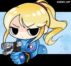 Rule 34 | 1girl, animated, animated gif, ass, breasts, dot nose, eyes visible through hair, large breasts, leaning forward, looking at viewer, metroid, nintendo, samus aran, seiro, shiny clothes, shiny skin, sidelocks, skindentation, solo, standing, wide hips