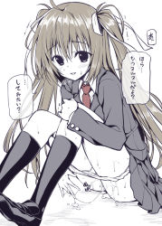 Rule 34 | bad id, bad pixiv id, blazer, blush, clothes lift, hair ribbon, jacket, kneehighs, loafers, long hair, necktie, original, oryo (oryo04), panties, panty pull, partially colored, pussy juice, ribbon, school uniform, shoes, skirt, skirt lift, socks, solo, twintails, underwear