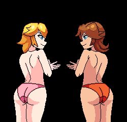 Rule 34 | 2girls, animated, animated gif, ass, ass-to-ass, ass shake, blonde hair, blue eyes, brown hair, covering privates, covering breasts, huge ass, lowres, mario (series), multiple girls, nintendo, orange panties, panties, pink panties, pixel art, princess daisy, princess peach, super mario bros. 1, super mario land, tagme, thetz, thighs, topless, transparent background, underwear