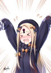 Rule 34 | &gt; &lt;, 1girl, abigail williams (fate), absurdres, arms up, bee doushi, black bow, black dress, black hat, blonde hair, blush, bow, closed eyes, commentary request, dress, emphasis lines, fate/grand order, fate (series), flying sweatdrops, hair bow, hat, highres, keyhole, long hair, long sleeves, looking at viewer, nose blush, orange bow, parted bangs, polka dot, polka dot bow, signature, sleeves past wrists, solo, very long hair, white background
