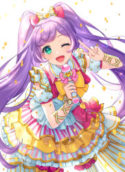 Rule 34 | 1girl, ;d, ahoge, bow, bshi edayo, commentary request, confetti, cowboy shot, detached collar, detached sleeves, dress, gold trim, green eyes, hair bow, hands up, highres, holding, holding microphone, idol, idol clothes, idol land pripara, kashikoma!, layered dress, long hair, looking at viewer, manaka laala, microphone, multicolored clothes, multicolored dress, one eye closed, open mouth, pink bow, pretty series, pripara, puffy detached sleeves, puffy sleeves, purple hair, smile, solo, standing, thighhighs, treble clef, twintails, v, very long hair, white background, white thighhighs, yellow bow