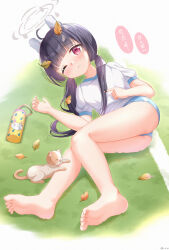 Rule 34 | 1girl, animal ears, ass, bare legs, barefoot, blue archive, blue buruma, blunt bangs, blush, buruma, cat, chinese commentary, closed mouth, commentary request, fake animal ears, feet, tickling feet, full body, gym shirt, halo, highres, leaf, leaf on head, legs, lying, mixed-language commentary, miyu (blue archive), on side, one eye closed, outdoors, painter-lhb, pink eyes, rabbit ears, shirt, short sleeves, soles, solo, tickling, toes, translation request, twintails, white shirt