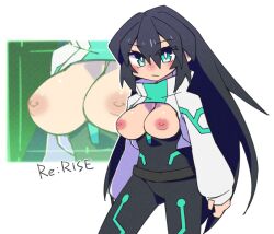 Rule 34 | 1girl, black hair, black pants, breasts, breasts out, cannsk, cowboy shot, expressionless, green eyes, gundam, gundam build divers, gundam build divers re:rise, hair between eyes, inverted nipples, large breasts, long hair, may (gundam build divers re:rise), pants, shrug (clothing), sleeves past wrists, solo, very long hair, white shrug, zoom layer