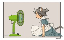 Rule 34 | 1girl, akai sashimi, animal ear fluff, animal ears, apron, arm support, black bow, blush, border, bow, cat ears, cat girl, cat tail, closed mouth, dress, electric fan, eyebrows, closed eyes, facing away, fanning face, fanning self, fingernails, framed, from side, grey background, grey hair, hand fan, maid apron, original, outside border, profile, puffy short sleeves, puffy sleeves, short hair, short sleeves, signature, simple background, sitting, sleeve cuffs, solo, tail, white apron, white border, wind
