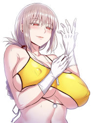Rule 34 | 1girl, :d, bikini, blush, braid, breasts, cleavage, covered erect nipples, fate/grand order, fate (series), florence nightingale (chaldea lifesavers) (fate), florence nightingale (fate), folded ponytail, gloves, large breasts, long hair, navel, open mouth, parted lips, pink hair, red eyes, simple background, single braid, smile, solo, swimsuit, very long hair, white background, white gloves, wide hips, yellow bikini, zhen lu