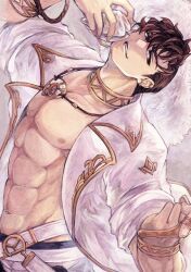 Rule 34 | 1boy, abs, bare pectorals, bracelet, conch, ear piercing, granblue fantasy, hat, highres, jacket, jewelry, lobelia (danger beckons by the shore) (granblue fantasy), lobelia (granblue fantasy), lunaraven, male focus, muscular, muscular male, necklace, official alternate costume, open clothes, open jacket, pectorals, piercing, seashell, shell, straw hat, white jacket