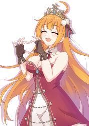 Rule 34 | 1girl, alternate costume, blush, breasts, cleavage, closed mouth, collarbone, commentary request, crown, fingerless gloves, gloves, heart, heart hands, highres, maxwelzy, medium breasts, open mouth, orange hair, pecorine (princess connect!), princess connect!, simple background, solo, white background