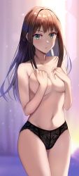 Rule 34 | 1girl, absurdres, annoyed, black panties, blush, brown hair, collarbone, covering privates, covering breasts, cowboy shot, curtains, green eyes, highres, idolmaster, idolmaster cinderella girls, indoors, light rays, lingerie, long hair, looking at viewer, navel, open mouth, panties, shibuya rin, solo, standing, stomach, sunlight, topless, underwear, underwear only, z.nov