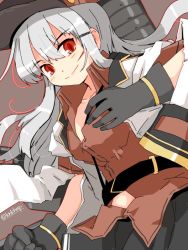 Rule 34 | belt, black gloves, black skirt, commentary request, facial scar, gangut (kancolle), gangut dva (kancolle), gloves, grey hair, hair ornament, hairclip, hat, jacket, jacket on shoulders, kanoe soushi, kantai collection, long hair, military hat, military jacket, one-hour drawing challenge, peaked cap, red eyes, red shirt, scar, scar on cheek, scar on face, shirt, short sleeves, skirt, smokestack, solo, twitter username, white jacket