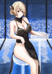 Rule 34 | 1girl, absurdres, azur lane, bar stool, black dress, blonde hair, bottomless, breasts, cleavage, clothes lift, crallylystia, dress, evening gown, glass table, hair bun, hair ornament, highres, large breasts, looking at viewer, night, night sky, no bra, on stool, prince of wales (a knight&#039;s song a lady&#039;s night) (azur lane), prince of wales (azur lane), red eyes, self-upload, side slit, signature, sitting, skirt, skirt lift, sky, stool, table, thighs, tongue, tongue out