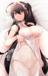 Rule 34 | 1girl, absurdres, arm strap, azur lane, bare shoulders, bed sheet, black hair, closed mouth, clothes lift, collarbone, cowboy shot, dress, dress lift, flower, garter straps, hair between eyes, hair flower, hair ornament, hair strand, hand up, heart, heart-shaped pupils, highres, jewelry, long hair, looking at viewer, lying, messy hair, midriff, navel, necklace, official alternate costume, on back, panties, samip, sidelocks, solo, steam, symbol-shaped pupils, taihou (azur lane), taihou (temptation on the sea breeze) (azur lane), thighhighs, thighs, underwear, white dress, white panties, white thighhighs
