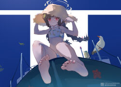 Rule 34 | 1girl, 3:, adjusting clothes, adjusting headwear, armpits, barefoot, bikini, bird, black hair, blue archive, blunt bangs, braid, commentary request, feet, foreshortening, from below, halo, hat, highres, leaf, leaf on head, liwendala, long hair, looking at viewer, low twintails, midriff, miyu (blue archive), miyu (swimsuit) (blue archive), nail polish, official alternate costume, official alternate hairstyle, outdoors, red eyes, seagull, ship, sidelocks, simple background, sitting, sleeveless, soles, straw hat, sweatdrop, swimsuit, toenail polish, toenails, toes, twin braids, twintails, watercraft, white bikini