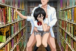 Rule 34 | 1boy, 1girl, black hair, bleach, clothed sex, covering own mouth, hetero, kuchiki rukia, library, mr trace mosha, school uniform, sex, sex from behind, short hair, skirt, standing, standing sex