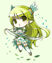 Rule 34 | 1girl, chibi, elf, elsword, grand archer (elsword), green background, hair ornament, leaf, long hair, looking at viewer, open mouth, pointy ears, rena erindel, sakumo (karatama), simple background, solo, tagme, thighhighs, white background