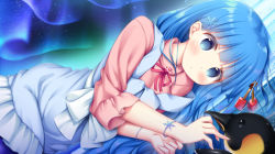 Rule 34 | 1girl, animal, aurora, bad id, bad pixiv id, bird, blue dress, blue eyes, blue hair, bow, cherry hair ornament, closed mouth, collared shirt, cube hair ornament, dress, food-themed hair ornament, frilled dress, frills, hair ornament, hands up, long hair, long sleeves, looking at viewer, lying, murano, neck ribbon, on side, original, penguin, pink shirt, red ribbon, ribbon, shirt, sleeveless, sleeveless dress, snowflake hair ornament, solo, very long hair, white bow