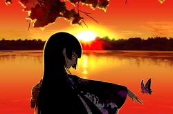 Rule 34 | 1girl, autumn leaves, black hair, blunt bangs, bug, butterfly, closed mouth, cloud, commentary request, enma ai, floral print, floral print kimono, from side, hand up, highres, hime cut, horizon, insect, japanese clothes, jigoku shoujo, kimono, leaf, long hair, long sleeves, looking at viewer, maple leaf, obi, outdoors, print kimono, profile, red eyes, red sky, sash, scenery, sion (banerye123456), sky, solo, sunset, tree, upper body, water, wide sleeves