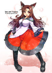 Rule 34 | 1girl, :d, animal ears, boots, breasts, brooch, brown eyes, brown hair, character name, corsage, english text, female focus, gradient background, imaizumi kagerou, jewelry, large breasts, long hair, long sleeves, open mouth, shirt, skirt, skirt hold, smile, solo, tail, touhou, umigarasu (kitsune1963), very long hair, werewolf, wide sleeves, wolf ears